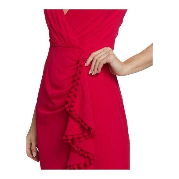 Badgley Mischka Red V-neck Ruffle Pom Pom Gown Size 8 - Picture 6 of 9